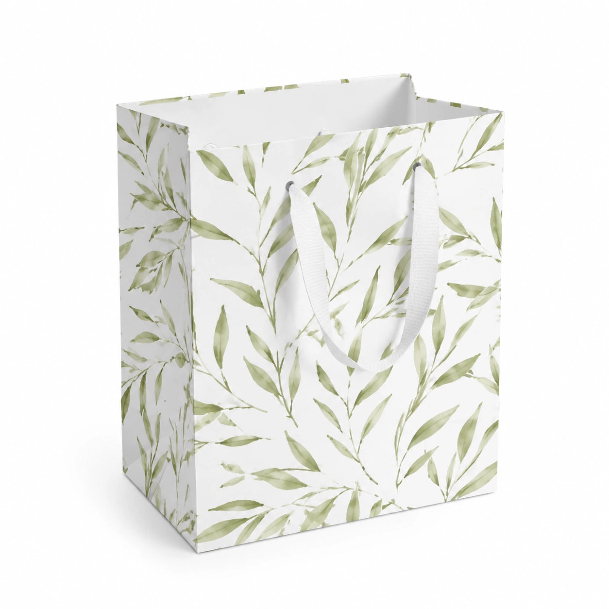 Sacchetto regalo 26 x 12 x 32 cm in carta bianca e verde con manici - motivo botanico