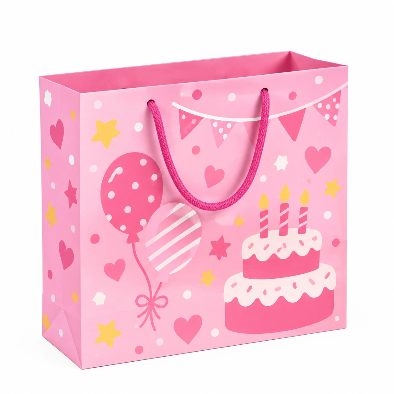 Sacchetto regalo 26 x 12 x 32 cm in carta rosa con manici intrecciati - compleanno