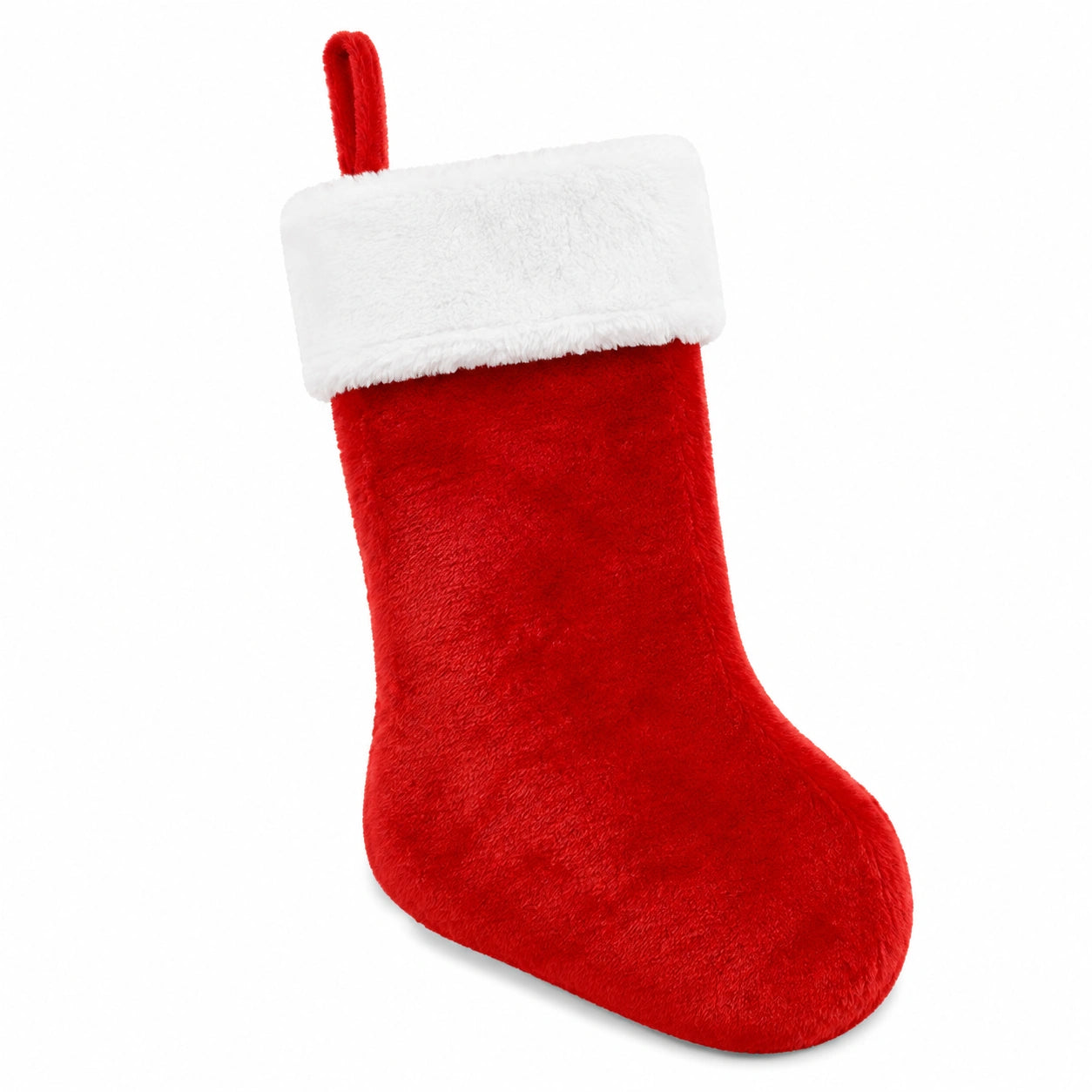Calza natalizia 45 x 28 cm in peluche rosso e bianco con passante da appendere