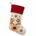 Calza natalizia decorativa in tessuto beige e rosso con renna da appendere