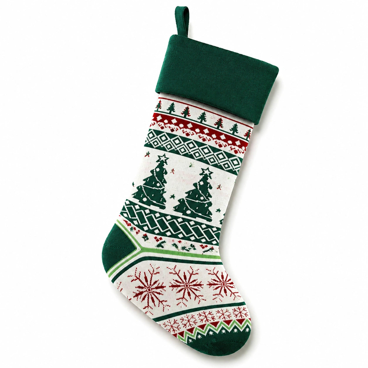 Calza decorativa natalizia 45 cm in tessuto a maglia verde bianco e rosso con passante da appendere