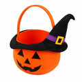 Cestino portadolci 25 cm in feltro arancione e nero con manico - motivo zucca e cappello da strega