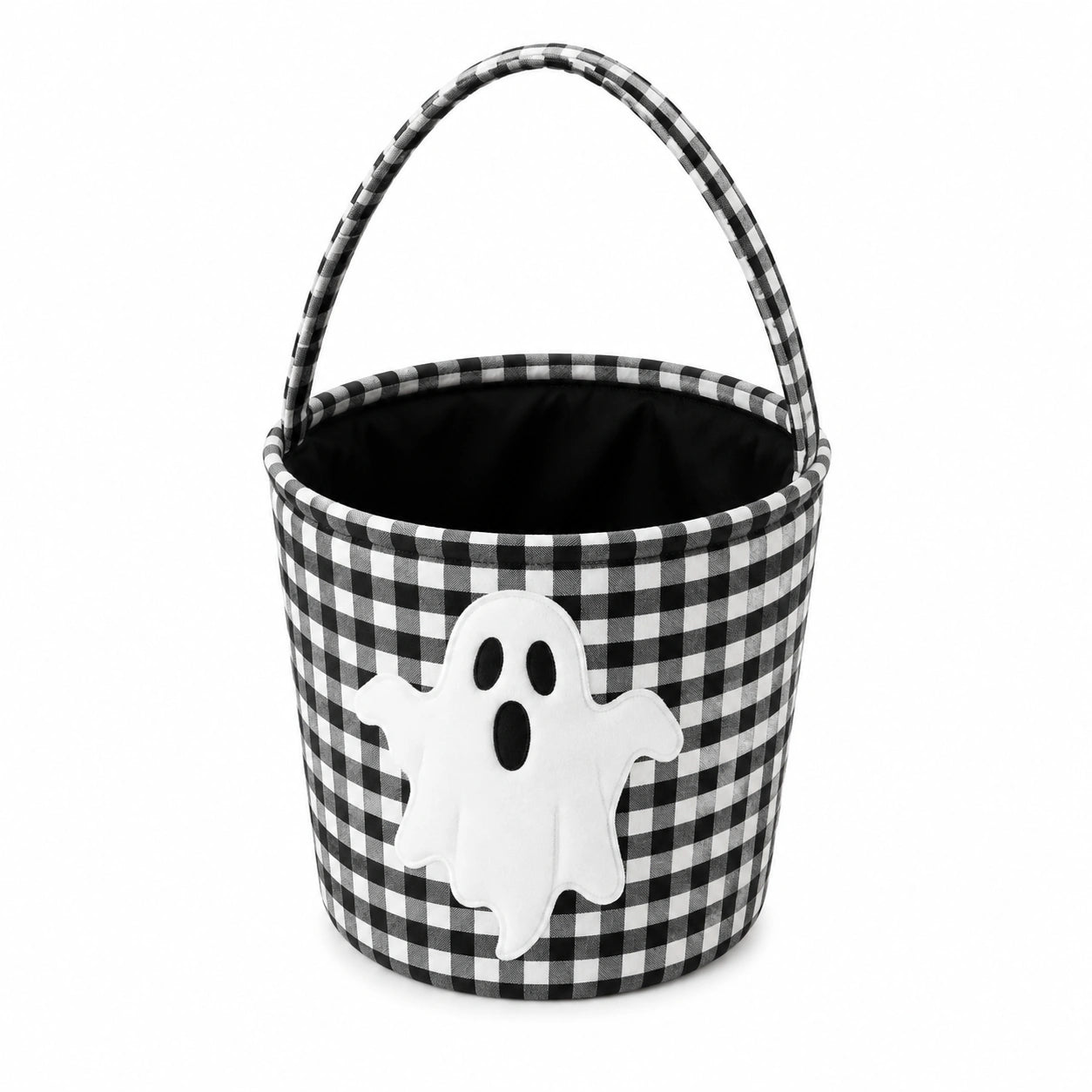 Cestino portadolci 25 x 20 cm in tessuto nero e bianco con manico e decorazione fantasma