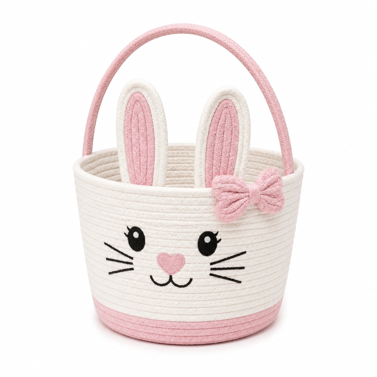 Cestino portagiochi rotondo 30 cm in cotone bianco e rosa con manico motivo coniglio