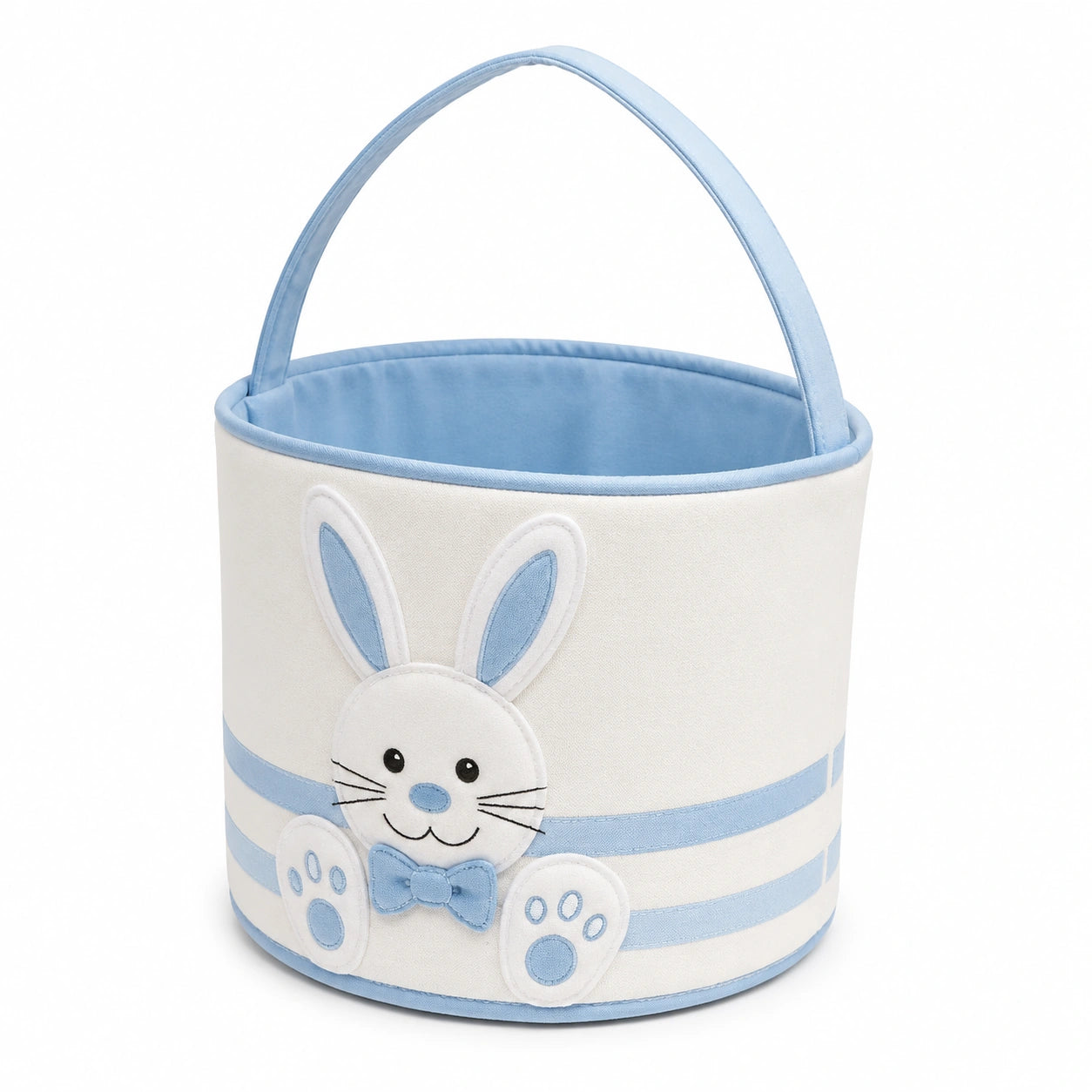 Cesto portagiochi rotondo 30 x 30 cm in tessuto bianco e azzurro con manico - motivo coniglio
