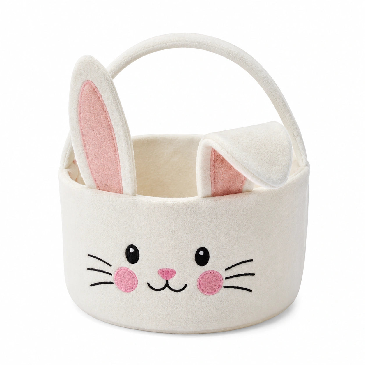 Cestino pasquale con manico 20 x 18 cm in poliestere bianco e rosa con coniglio