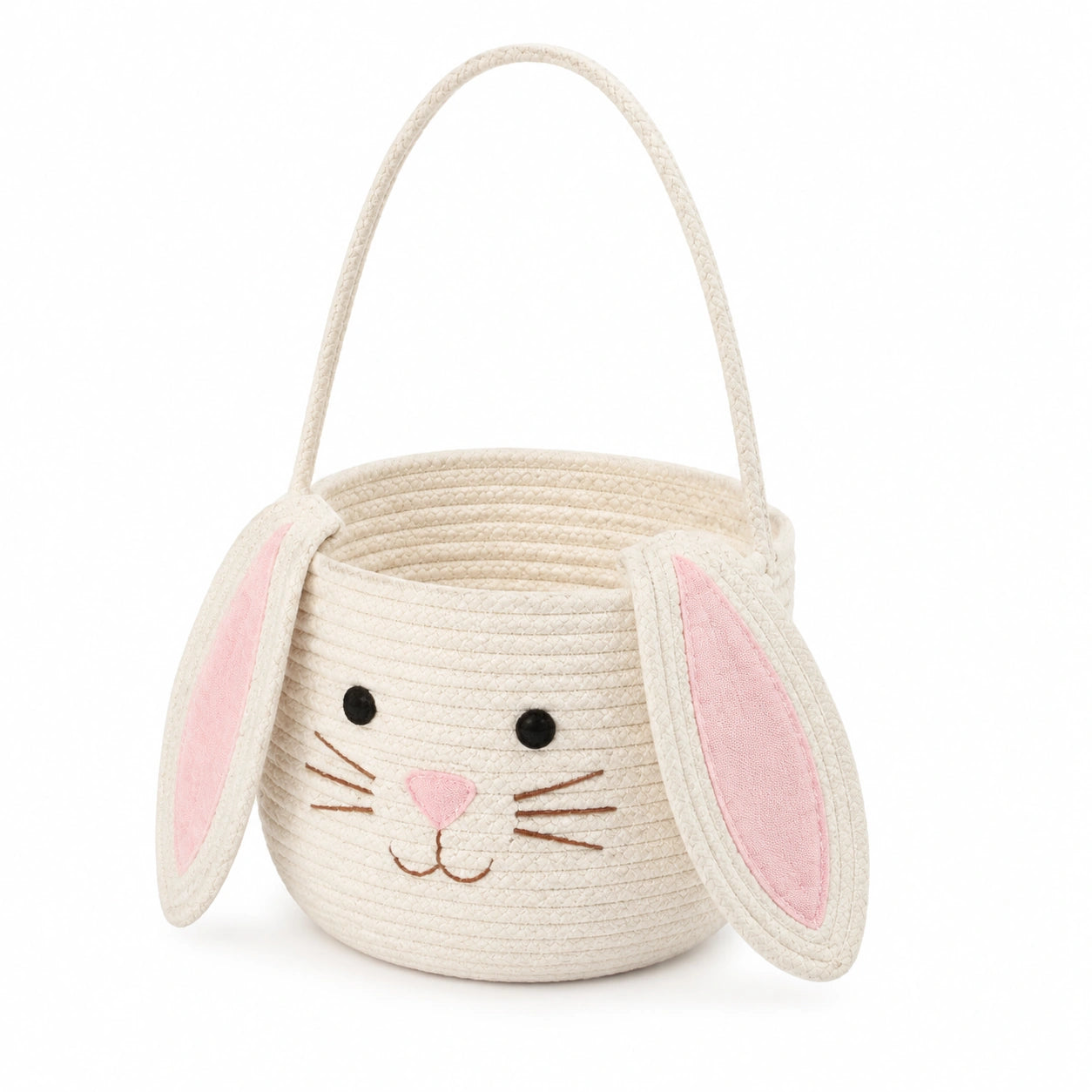 Cestino portaoggetti rotondo 25 x 20 cm in cotone beige e rosa con manico stile coniglio