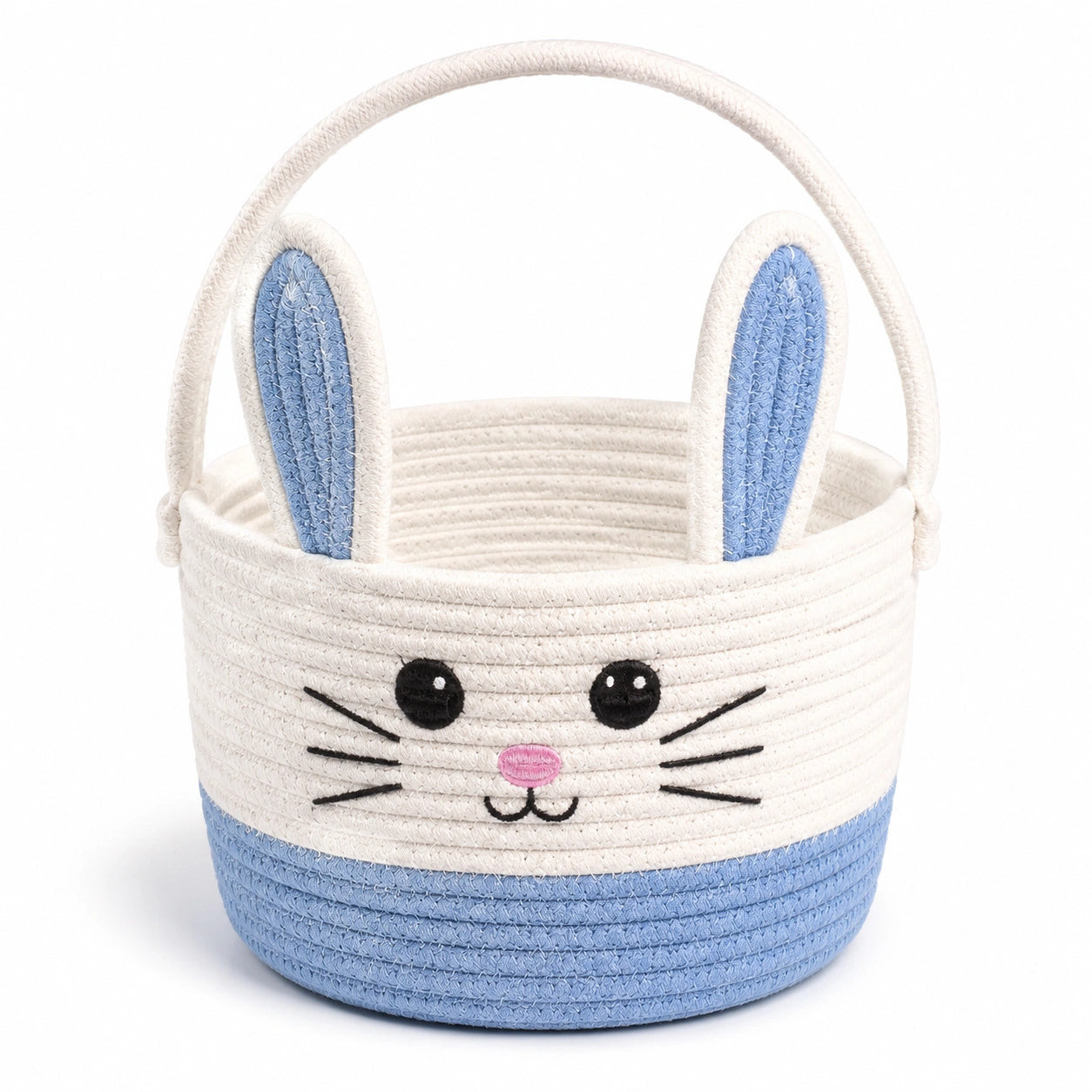 Cestino contenitore rotondo 25 cm in cotone bianco e azzurro con manico motivo coniglio