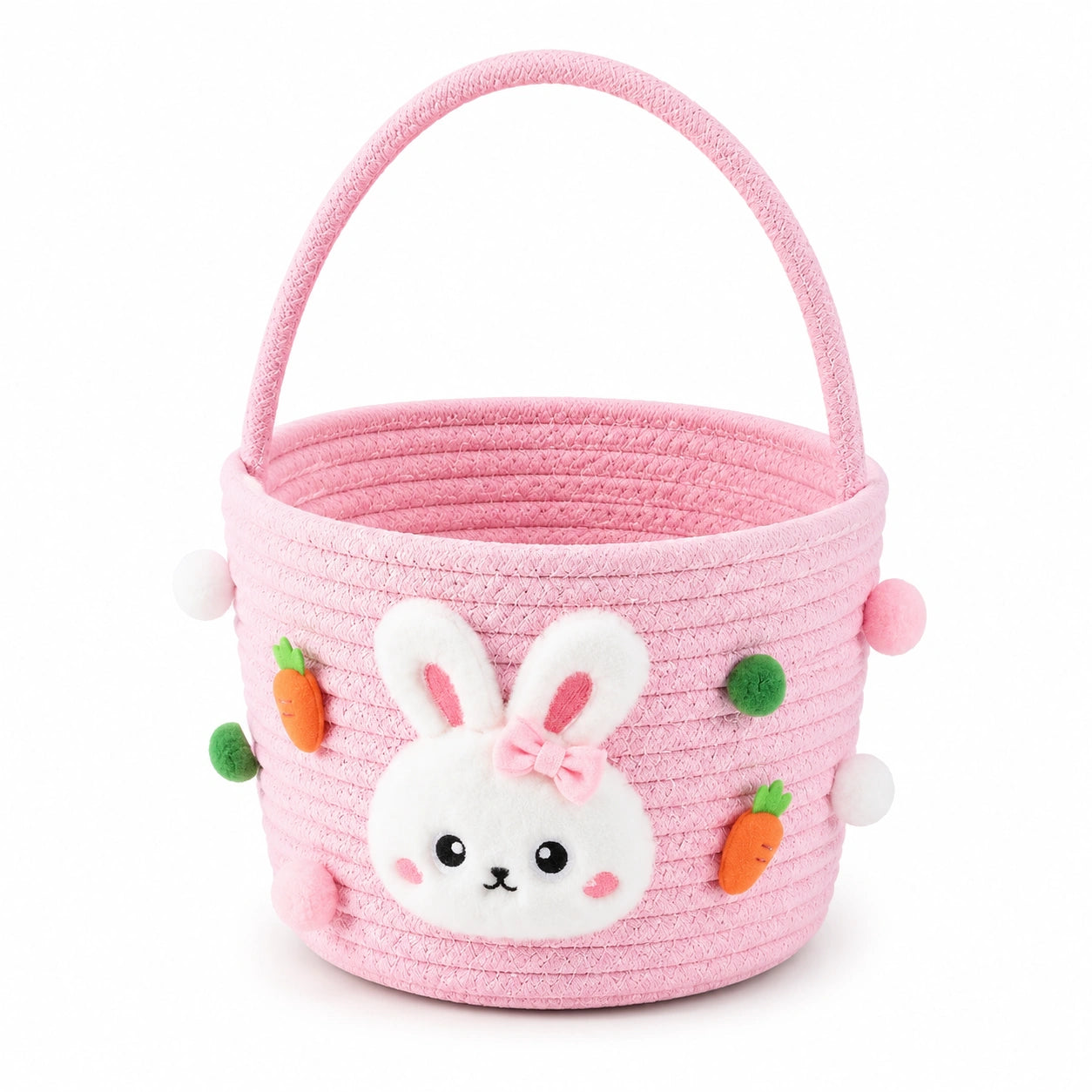 Cestino portaoggetti rotondo 25 x 22 cm in corda di cotone rosa con manico decorazione coniglio