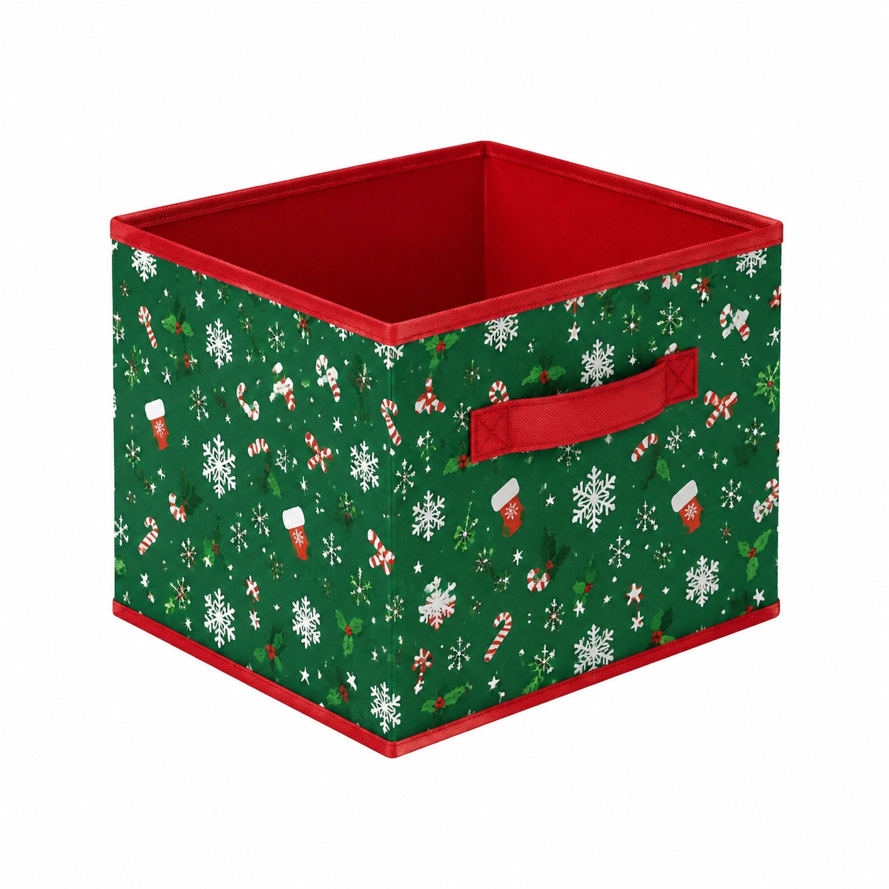 Cubo contenitore 33 x 33 x 33 cm in tessuto verde con maniglia pieghevole natalizio