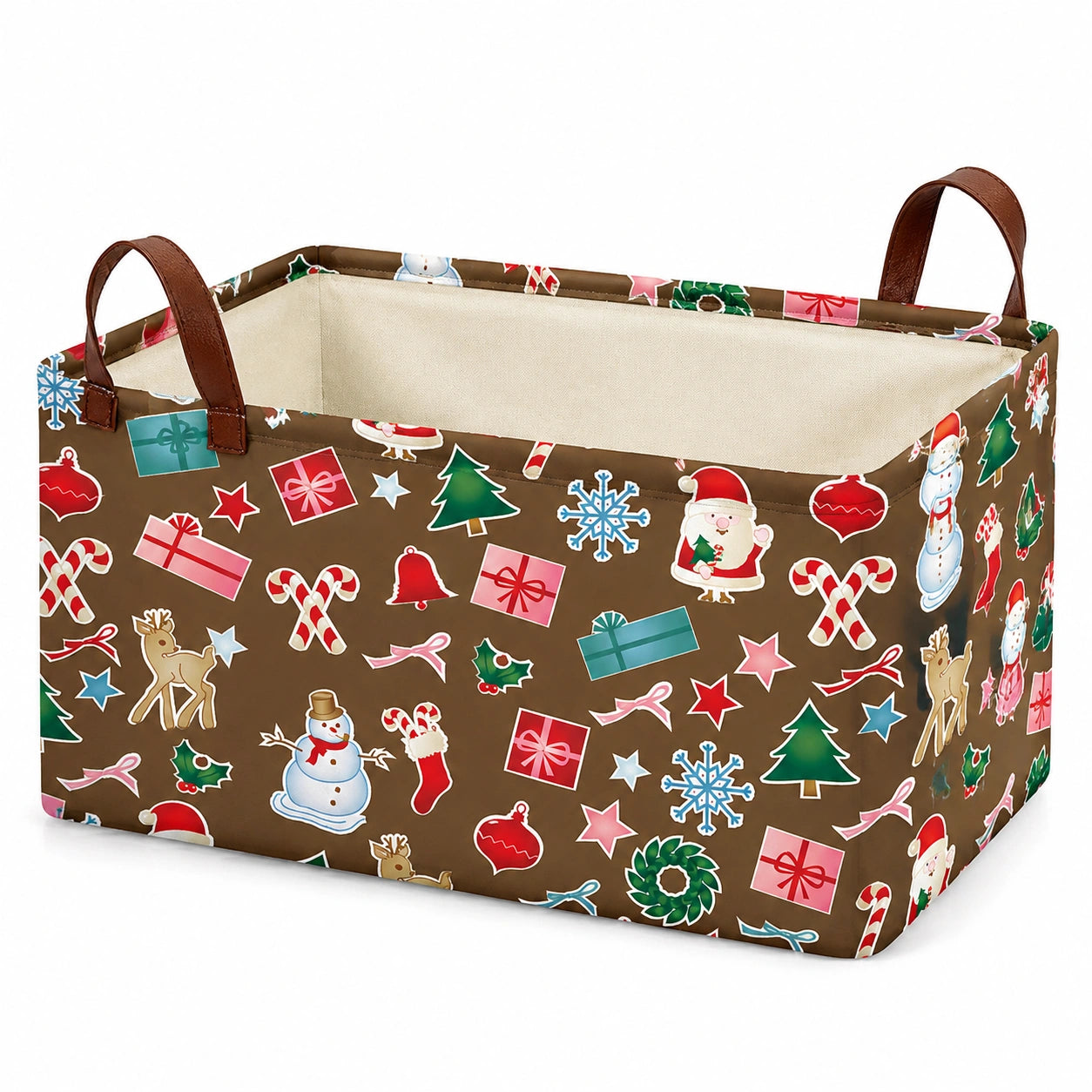 Cesto contenitore 40 x 30 x 30 cm in tessuto marrone con manici stile natalizio