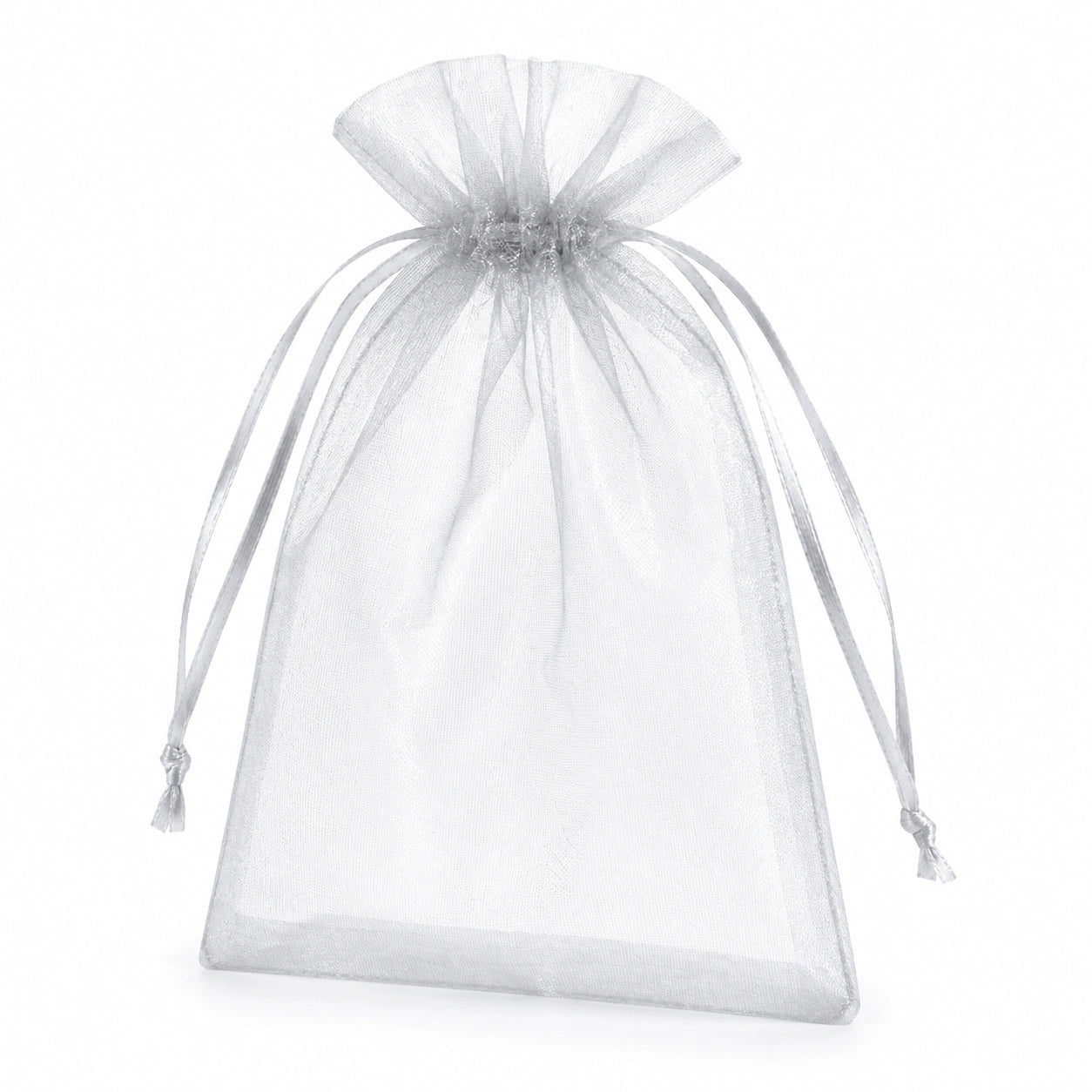 Sacchetto regalo 10 x 15 cm in organza argento trasparente con chiusura a cordoncino