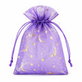 Sacchetto regalo 10 x 15 cm in organza viola con coulisse motivo luna e stelle