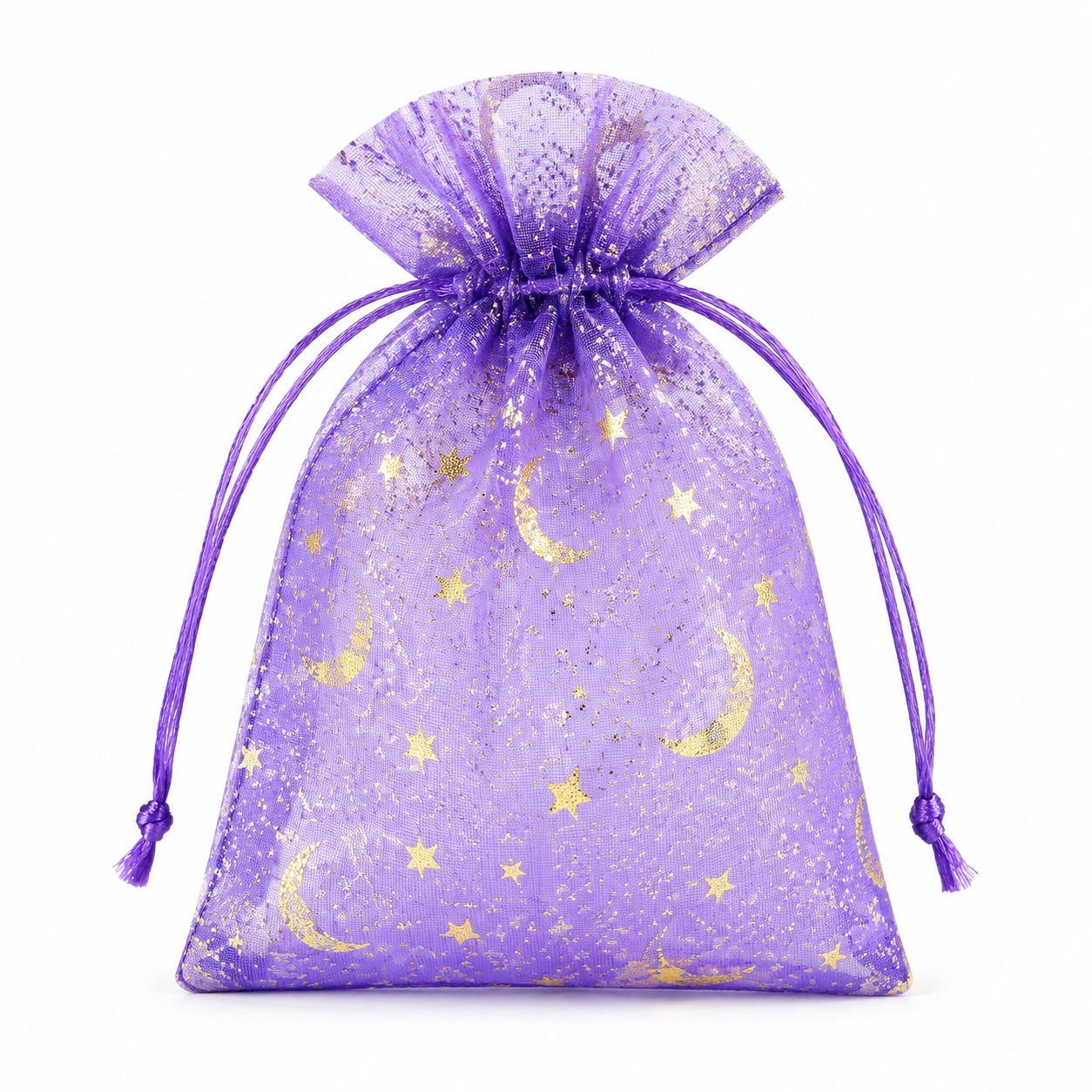 Sacchetto regalo 10 x 15 cm in organza viola con coulisse motivo luna e stelle