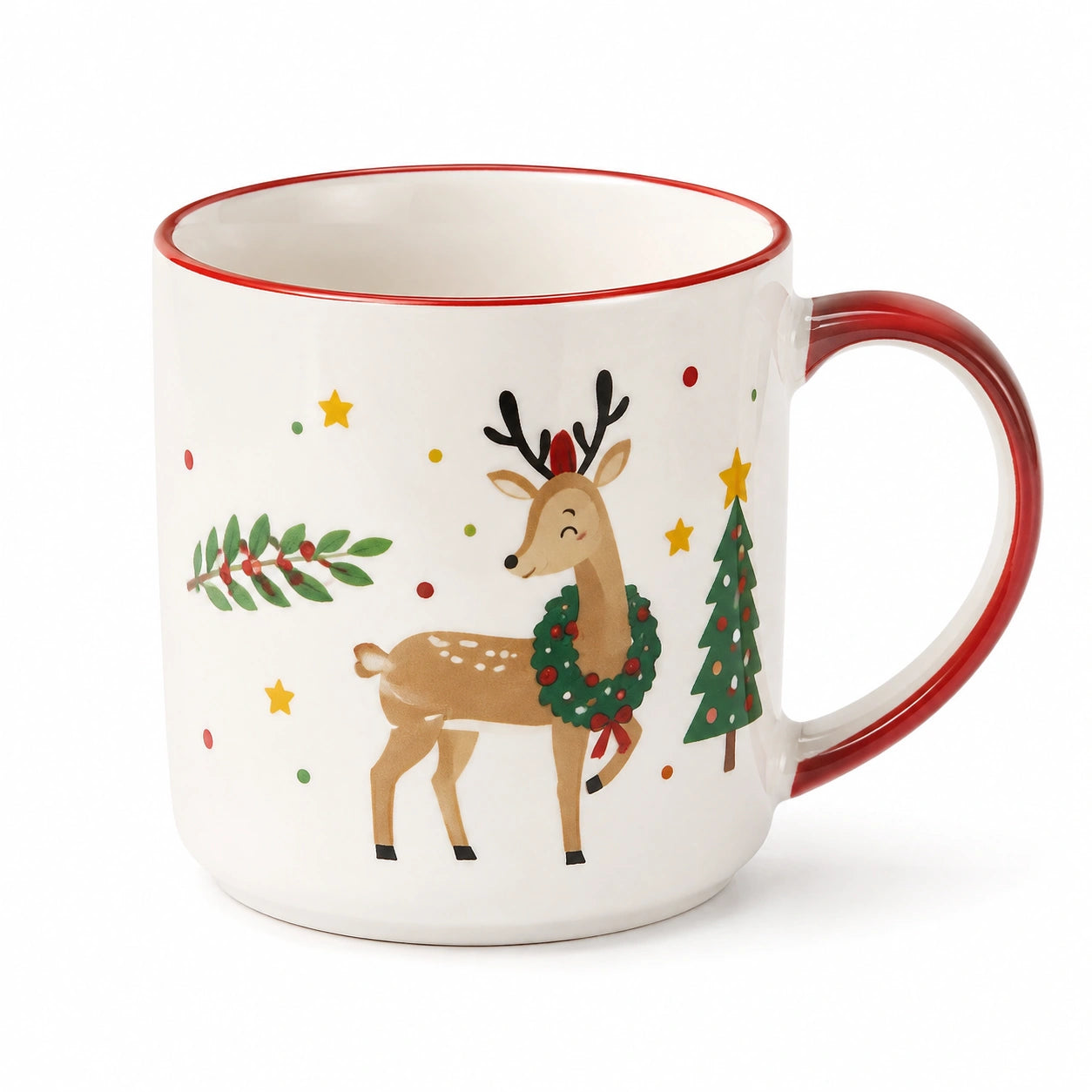 Tazza natalizia 350 ml in ceramica bianca con manico rosso e motivo renna