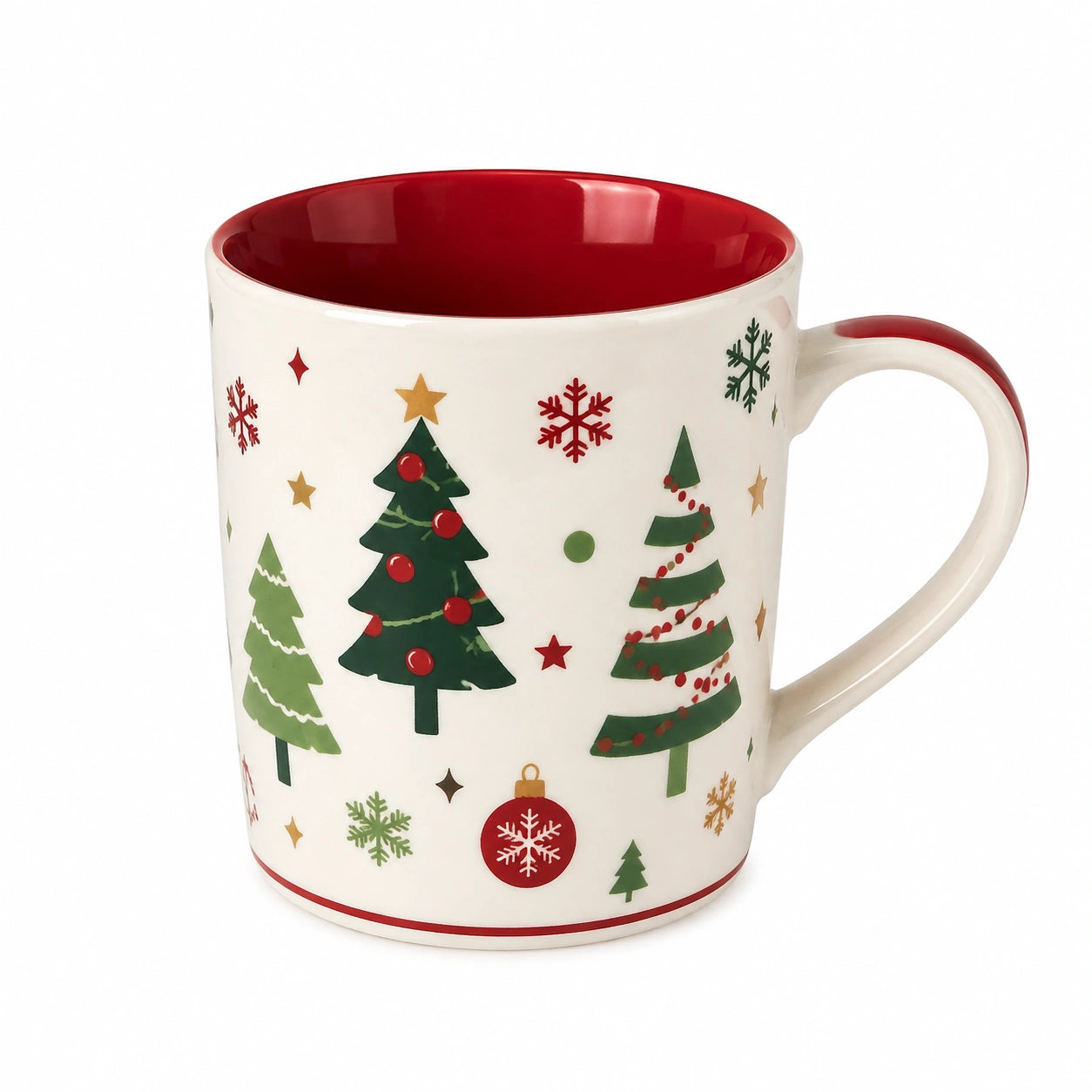 Tazza natalizia 350 ml in ceramica bianca e rossa con manico e decorazione alberi